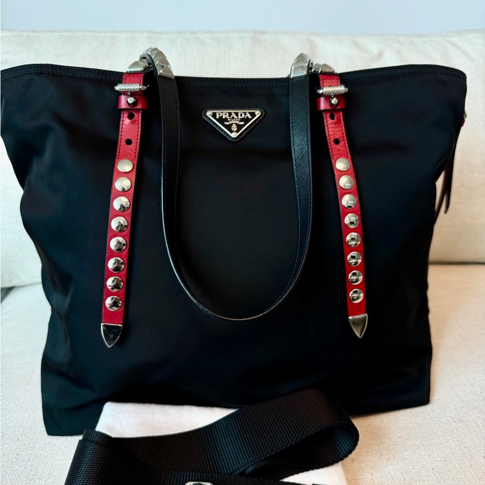 Prada Vela Studded Nylon Black and Red Convertible Tote Bag - Picture 2 of 16